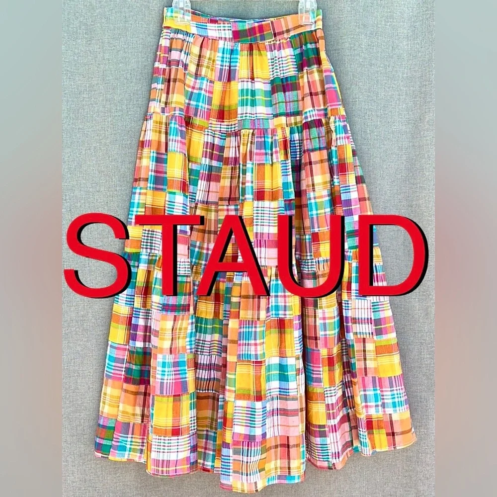 STAUD x Birkenstock NWT Sea Bright Patchwork Plaid cotton midi maxi skirt - Picture 4 of 17